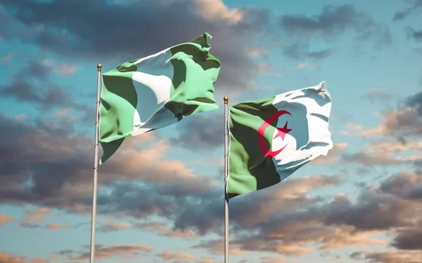 美丽的尼日利亚和阿尔及利亚国旗在天空的背景下相映成趣 3D艺术品概念 — 图库照片