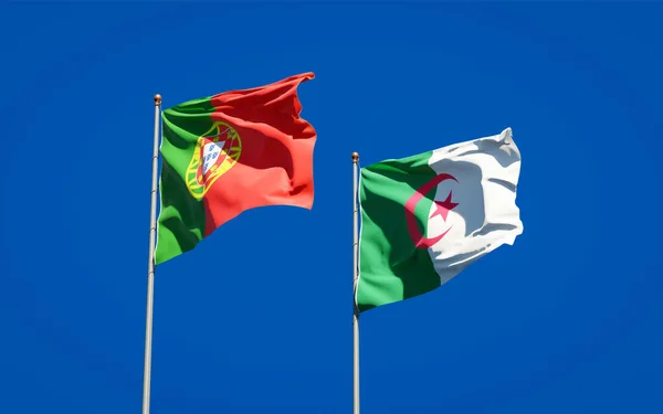 空を背景にポルトガルとアルジェリアの美しい国旗が一緒に 3Dアートワークコンセプト — ストック写真