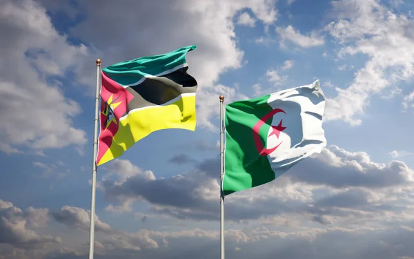 Hermosas Banderas Estatales Nacionales Mozambique Argelia Juntas Fondo Del Cielo —  Fotos de Stock