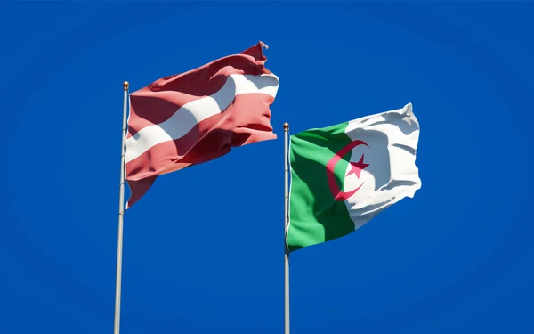 Belas Bandeiras Estatais Nacionais Letônia Argélia Juntas Fundo Céu Conceito — Fotografia de Stock