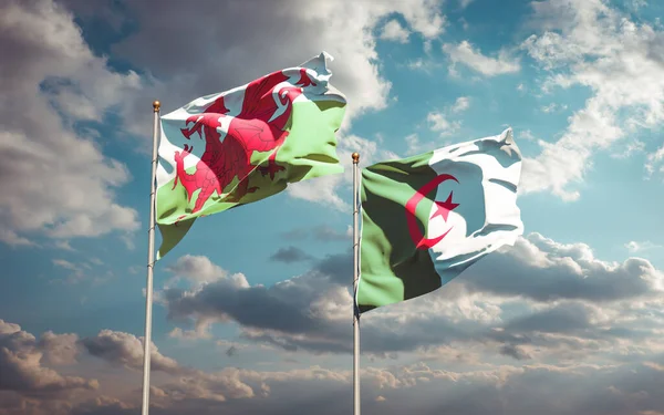 Belas Bandeiras Nacionais País Gales Argélia Juntas Fundo Céu Conceito — Fotografia de Stock