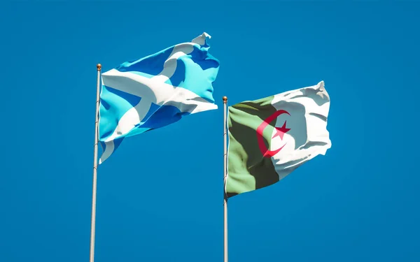 Belas Bandeiras Nacionais Escócia Argélia Juntas Fundo Céu Conceito Arte — Fotografia de Stock
