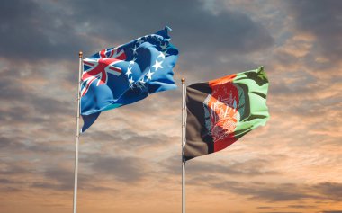 Afganistan ve Cook Adası 'nın güzel ulusal bayrakları gökyüzünde birlikte. 3B sanat eseri konsepti.