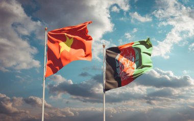 Vietnam ve Afganistan 'ın güzel ulusal bayrakları gökyüzünde birlikte. 3B sanat eseri konsepti.
