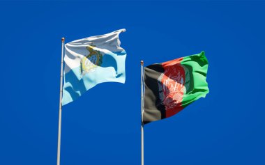 San Marino ve Afganistan 'ın güzel ulusal bayrakları gökyüzünde birlikte. 3B sanat eseri konsepti.