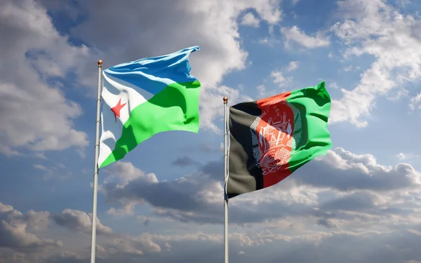 Beautiful National State Flags Djibouti Afghanistan Together Sky Background Artwork — Stock Photo, Image