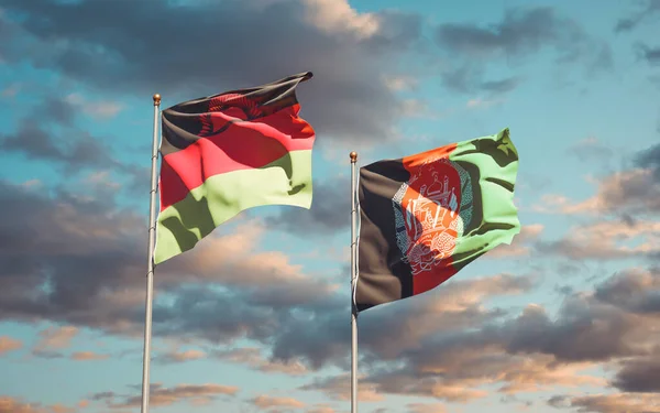 美丽的马拉维国旗和阿富汗国旗在天空的背景下相映成趣 3D艺术品概念 — 图库照片