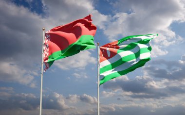 Gökyüzü arka planında Abhazya ve Belarus 'un güzel ulusal bayrakları birlikte. 3B sanat eseri konsepti.
