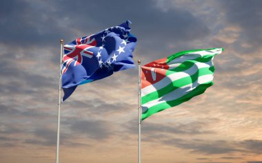 Arkaplanda Abhazya ve Cook Adası 'nın güzel ulusal bayrakları birlikte. 3B sanat eseri konsepti.