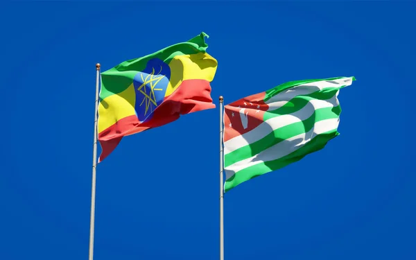 Hermosas Banderas Estatales Nacionales Etiopía Abjasia Juntas Fondo Del Cielo —  Fotos de Stock