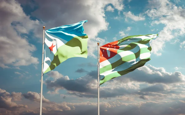 Hermosas Banderas Estatales Nacionales Djibouti Abjasia Juntas Fondo Del Cielo — Foto de Stock