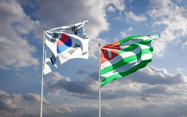 Hermosas Banderas Estatales Nacionales Corea Del Sur Abjasia Juntas Fondo —  Fotos de Stock