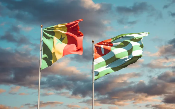 Szenegál Abházia Gyönyörű Nemzeti Zászlói Együtt Hátterében Művészeti Koncepció — Stock Fotó