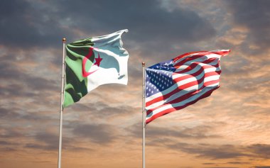 ABD ve Cezayir 'in güzel ulusal bayrakları gökyüzünde birlikte. 3B sanat eseri konsepti. 