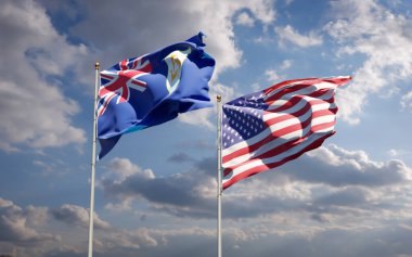 ABD ve Anguilla 'nın güzel ulusal bayrakları gökyüzü arka planında birlikte. 3B sanat eseri konsepti. 