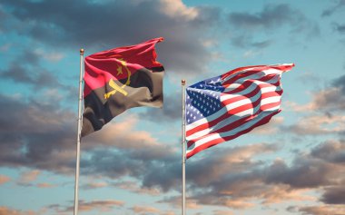 Amerika ve Angola 'nın güzel ulusal bayrakları gökyüzü arka planında birlikte. 3B sanat eseri konsepti. 