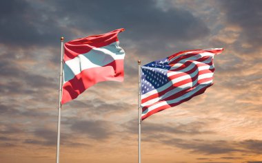 ABD ve Avusturya 'nın güzel ulusal bayrakları gökyüzü arka planında birlikte. 3B sanat eseri konsepti. 