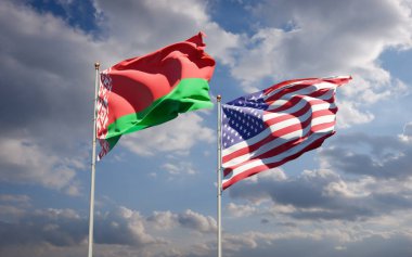 ABD ve Belarus 'un güzel ulusal bayrakları gökyüzü arka planında birlikte. 3B sanat eseri konsepti. 