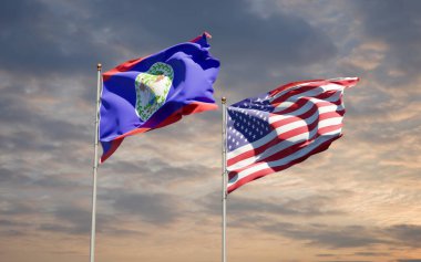 ABD ve Belieze 'nin güzel ulusal bayrakları gökyüzü arka planında birlikte. 3B sanat eseri konsepti. 