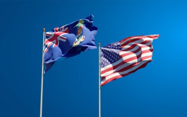 ABD ve Cayman Adaları 'nın güzel ulusal bayrakları gökyüzü arka planında birlikte. 3B sanat eseri konsepti. 