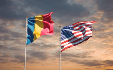 ABD ve Çad 'ın güzel ulusal bayrakları gökyüzünde birlikte. 3B sanat eseri konsepti. 