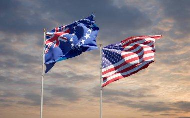 Amerika 'nın ve Cook Adası' nın güzel ulusal bayrakları gökyüzünde birlikte. 3B sanat eseri konsepti. 