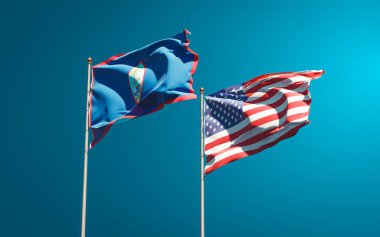 ABD ve Guam 'ın güzel ulusal bayrakları gökyüzü arka planında birlikte. 3B sanat eseri konsepti. 