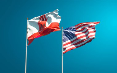 Cebelitarık ve ABD 'nin güzel ulusal bayrağı gökyüzü arka planında birlikte. 3B sanat eseri konsepti. 