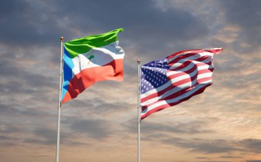 Amerika 'nın güzel ulusal bayrakları ve Ekvator Ginesi gökyüzü arka planında birlikte. 3B sanat eseri konsepti. 