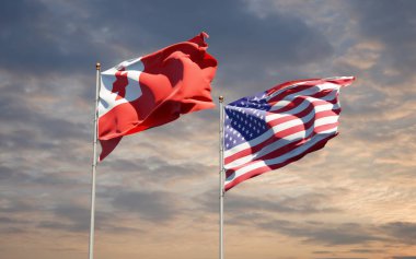 Tonga ve ABD 'nin güzel ulusal bayrakları gökyüzünde birlikte. 3B sanat eseri konsepti. 