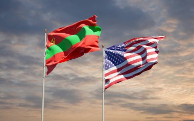 Transnistria ve ABD 'nin güzel ulusal bayrakları gökyüzü arka planında birlikte. 3B sanat eseri konsepti. 