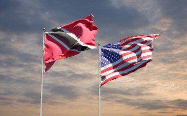 Trinidad, Tobago ve ABD 'nin güzel ulusal bayrakları gökyüzü arka planında birlikte. 3B sanat eseri konsepti. 