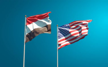 Gökyüzü arka planında Yemen ve ABD 'nin güzel ulusal bayrakları birlikte. 3B sanat eseri konsepti. 