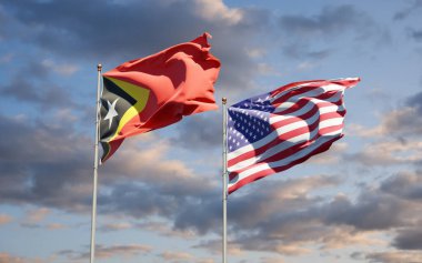 Doğu Timor ve ABD 'nin güzel ulusal bayrakları gökyüzü arka planında birlikte. 3B sanat eseri konsepti. 