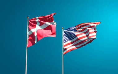 Danimarka ve ABD 'nin güzel ulusal bayrakları gökyüzü arka planında birlikte. 3B sanat eseri konsepti. 
