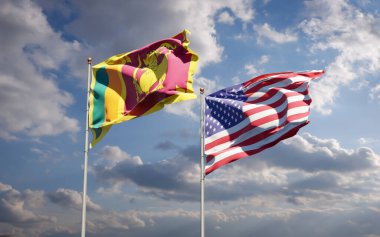 Sri Lanka ve ABD 'nin güzel ulusal bayrakları gökyüzü arka planında birlikte. 3B sanat eseri konsepti. 