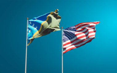 Solomon Adaları ve ABD 'nin güzel ulusal bayrakları gökyüzü arka planında birlikte. 3B sanat eseri konsepti. 