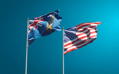 Güney Georgia, Güney Sandviç Adaları ve ABD 'nin güzel ulusal bayrakları gökyüzü arka planında birlikte. 3B sanat eseri konsepti. 