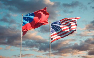 Samoa ve ABD 'nin güzel ulusal bayrağı gökyüzü arka planında birlikte. 3B sanat eseri konsepti. 