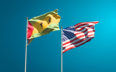 Sao Tome, Principe ve ABD 'nin güzel ulusal bayrakları gökyüzü arka planında birlikte. 3B sanat eseri konsepti. 