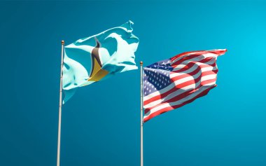 Aziz Lucia ve ABD 'nin güzel ulusal bayrakları gökyüzü arka planında birlikte. 3B sanat eseri konsepti. 