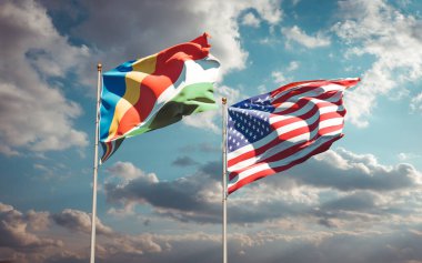 Seyşeller ve ABD 'nin güzel ulusal bayrakları gökyüzü arka planında birlikte. 3B sanat eseri konsepti. 