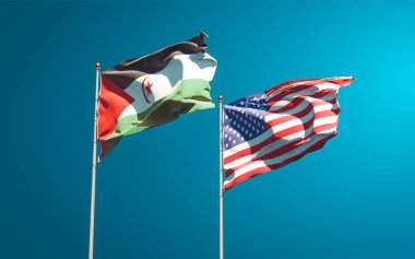Sahrawi ve ABD 'nin güzel ulusal bayrakları gökyüzü arka planında birlikte. 3B sanat eseri konsepti. 