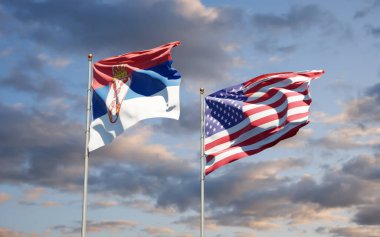 Sırbistan ve ABD 'nin güzel ulusal bayrakları gökyüzü arka planında birlikte. 3B sanat eseri konsepti. 