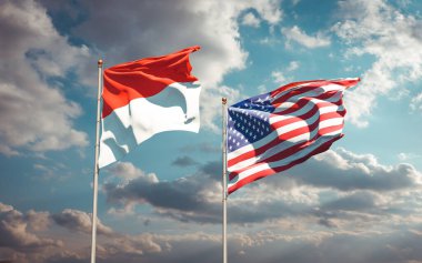 Endonezya ve ABD 'nin güzel ulusal bayrakları gökyüzü arka planında birlikte. 3B sanat eseri konsepti. 