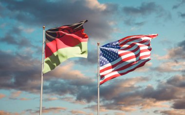 Malawi ve ABD 'nin güzel ulusal bayrakları gökyüzü arka planında birlikte. 3B sanat eseri konsepti. 