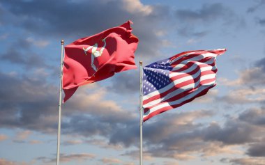 Mann Adası ve ABD 'nin güzel ulusal bayrakları gökyüzü arka planında birlikte. 3B sanat eseri konsepti. 