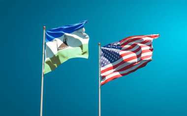 Lesotho ve ABD 'nin güzel ulusal bayrakları gökyüzü arka planında birlikte. 3B sanat eseri konsepti. 