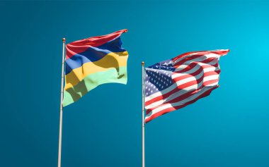 Mauritius ve ABD 'nin güzel ulusal bayrağı gökyüzü arka planında birlikte. 3B sanat eseri konsepti. 