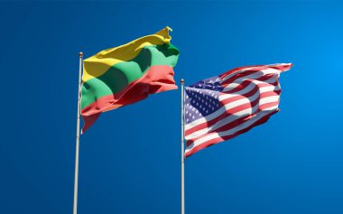 Litvanya ve ABD 'nin güzel ulusal bayrakları gökyüzü arka planında birlikte. 3B sanat eseri konsepti. 